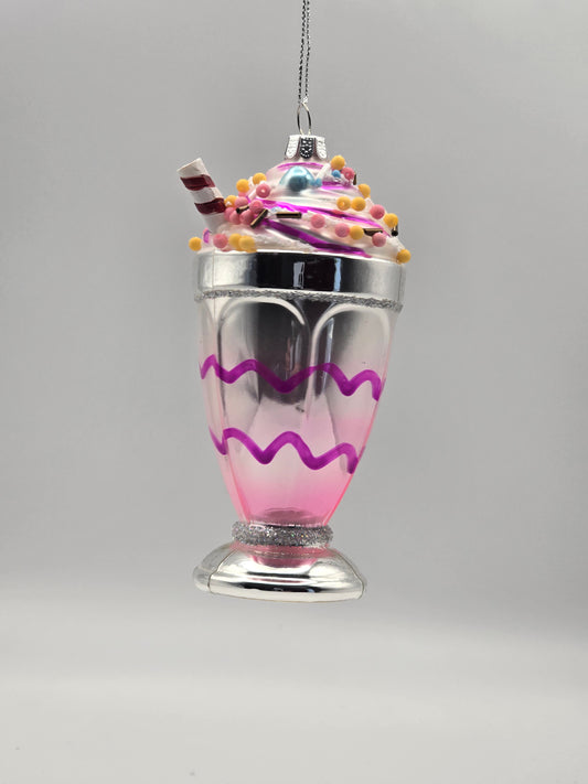 Eisbecher/Milchshake silber-rosa mit Strohhalm