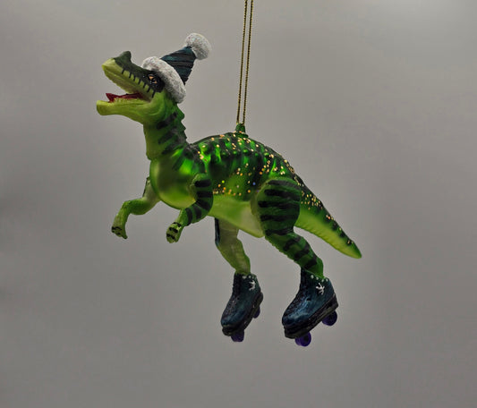 Dinosaurier T-REX Tyrannosaurus rex auf blauen Rollschuhen mit blauer Mütze