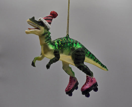 Dinosaurier T-REX Tyrannosaurus rex auf rosa Rollschuhen mit rosa Mütze