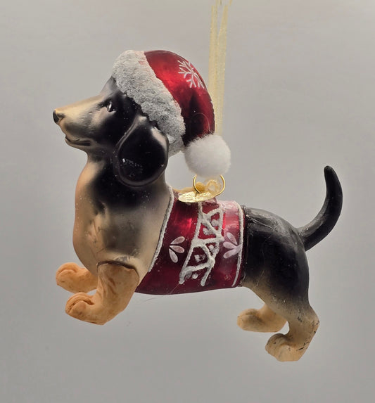 Dackel Mischling mit rotem Pullover und Weihnachtsmann Mütze