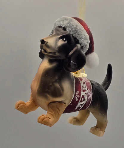 Dackel Mischling mit rotem Pullover und Weihnachtsmann Mütze