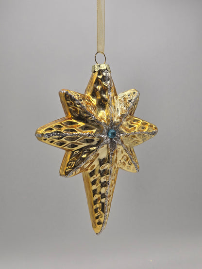 Goldener Stern Schneeflocke silber verziert mit blauen Stein #26