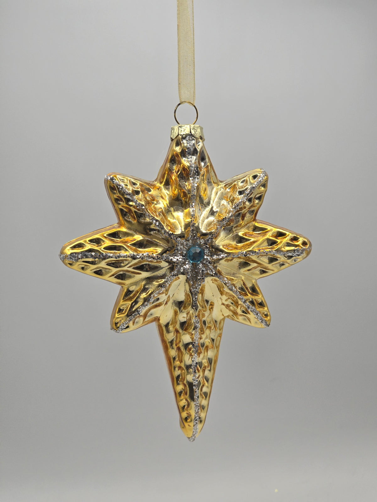 Goldener Stern Schneeflocke silber verziert mit blauen Stein #26