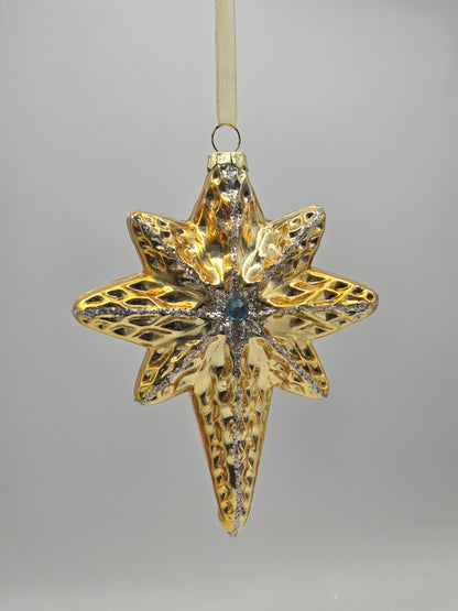 Goldener Stern Schneeflocke silber verziert mit blauen Stein #26